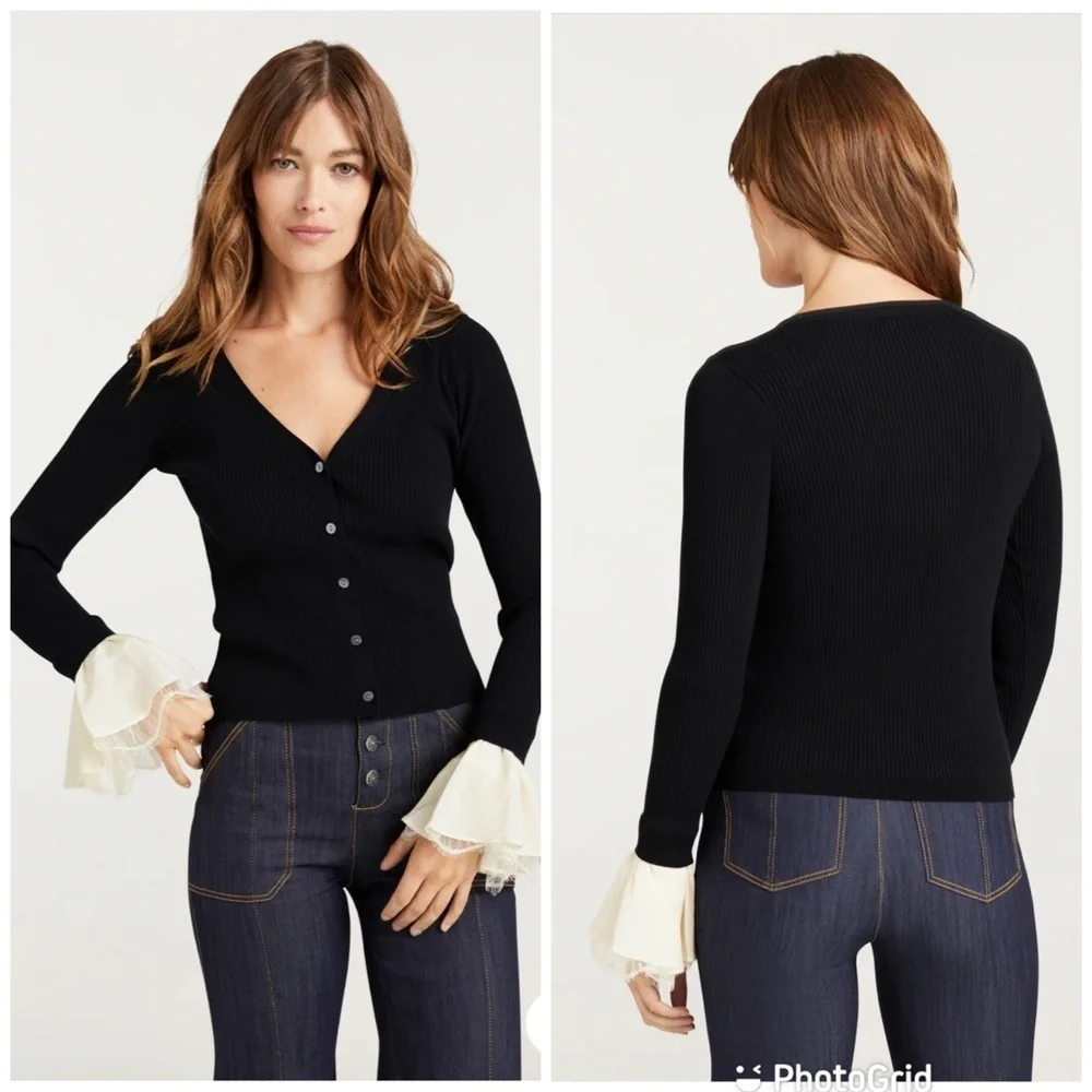 Cinq a Sept BERNADETTE PRESTYLED RIBBED CARDIGAN in Black/Ivory NWT!